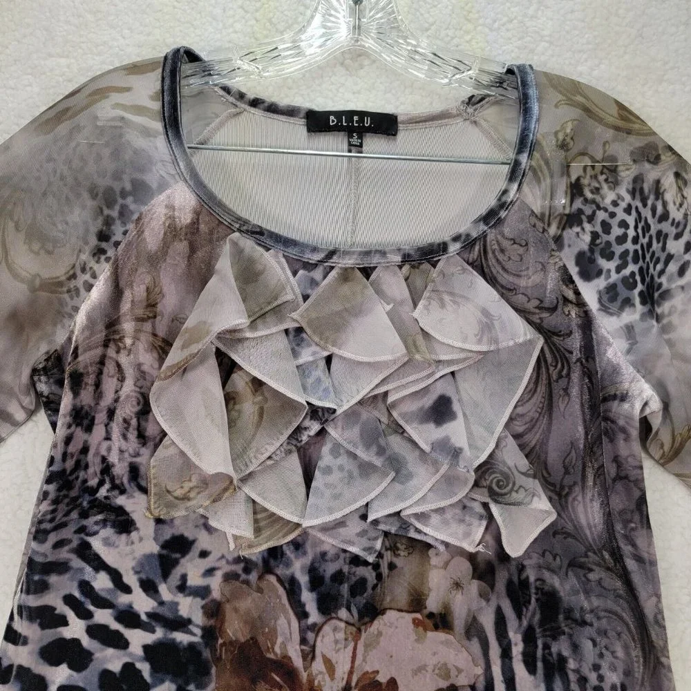 Bleu Womens Top Size S Blue Animal Print Flowy Ruffled Y2K Colorful Tunic Blouse - Picture 2 of 12